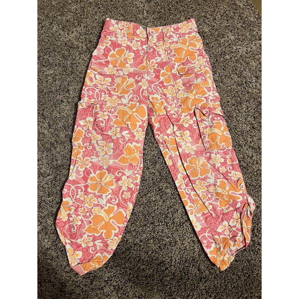 L.L Bean Girls 6x/7 100% Cotton Floral Rip stop Cargo Pants Pink Outdoor.‎